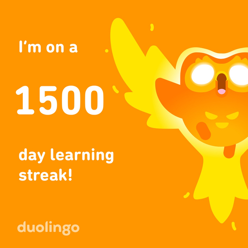 Flaming owl celebrating my 1500 day Duolingo streak