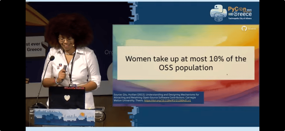 Laís ơn stage. Slide says: "Women take up at most 10% of the OSS population"
